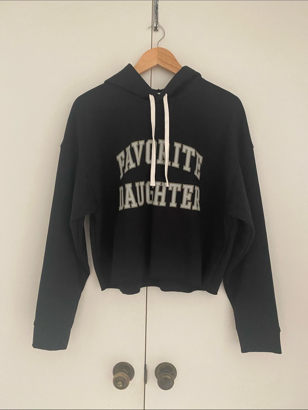 Favorite Daughter Black Cropped Hoodie with White Drawstrings